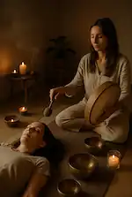 Massage sonore aux bols tibétains en cours, harmonisation énergétique et relaxation profonde