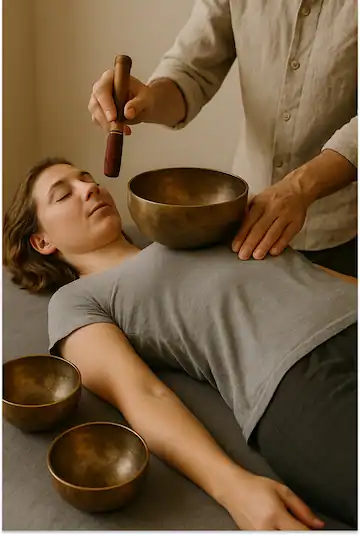 Séance de massage sonore et sonothérapie avec bols chantants tibétains pour relaxation et harmonisation énergétique