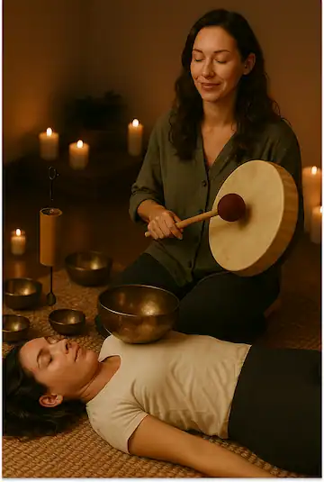 Séance de voyage sonore et sonothérapie avec bols chantants tibétains, tambour et instruments thérapeutiques
